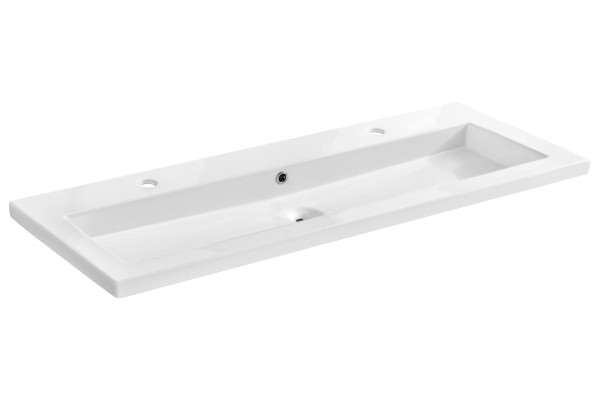 Dobbelt keramisk vask med hvidt møbel