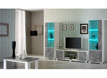 Møbelensemble med dobbelt vitrineskab, konsol, RTV-bord, glasvitrine til stuen