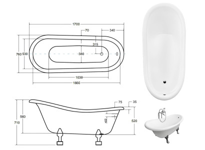 Antik stil fritstående badekar, klassisk badekar, nyt