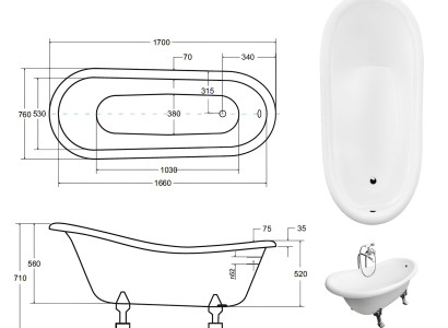 Antik stil fritstående badekar, klassisk badekar, nyt