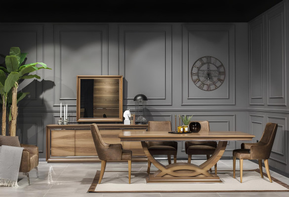 Møbel sæt til spisestue 9 dele med bord, stole, kommode og spejl