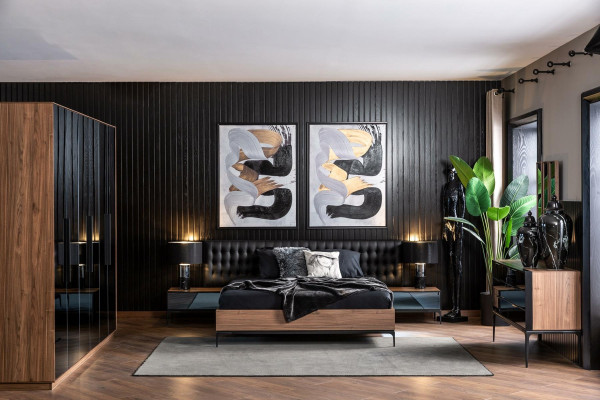 Soveværelsesmøbel sæt Komplet sæt Sort seng Skab Natteskab 8 dele