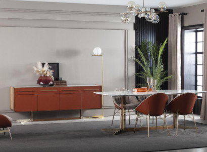 Orange skab med skuffer og hylder, xxl kommode, buffet 240cm