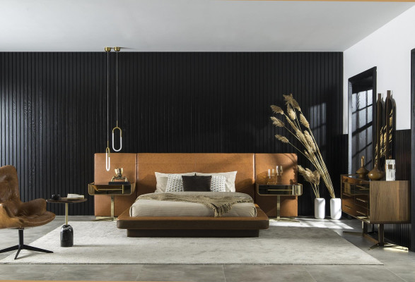 Design seng til soveværelset med to luksuriøse glas natborde