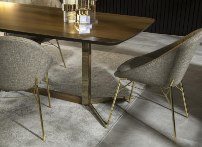 Grå lænestol med tekstilpolstring, køkkenstol med gyldne ben