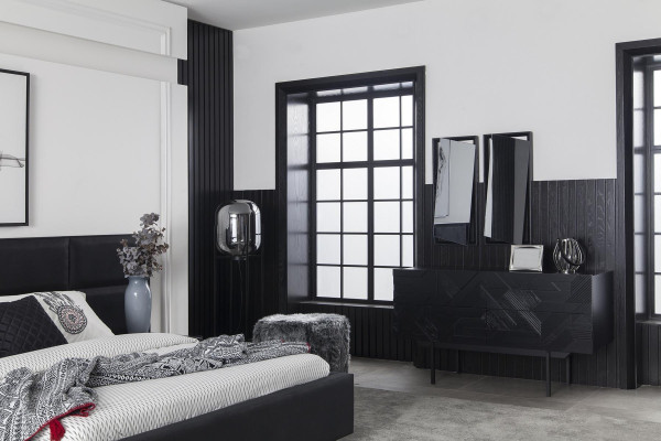 Luksus sort soveværelse med skab, kommode og natborde 5 stk.