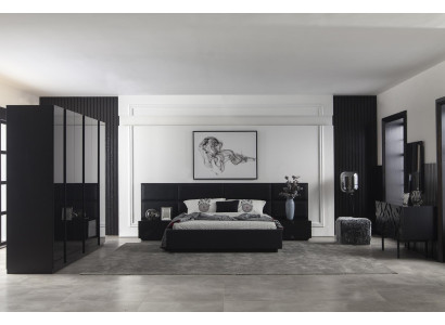 Moderne sort polstret seng i stof til luksus soveværelse