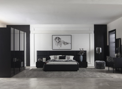 Moderne sort polstret seng i stof til luksus soveværelse