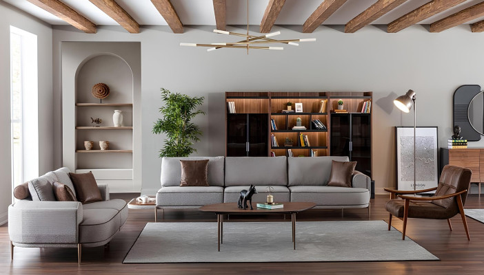 Sofa i gråt materiale til 3 personer med 3-delt bord