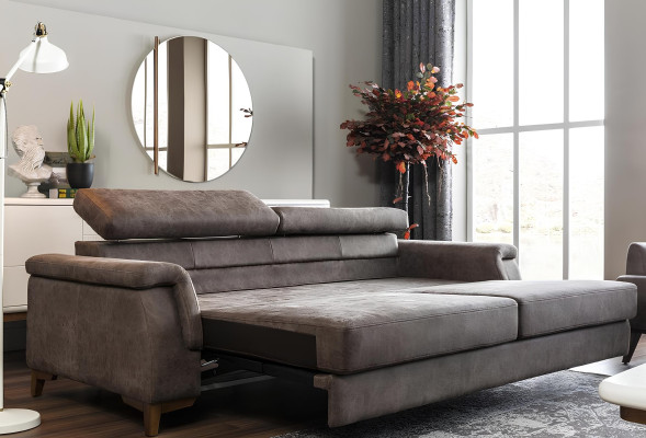 Sofa til 3 personer i gråt stof med sovefunktion