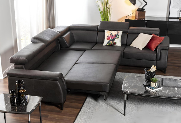 Sort læder hjørnesofa med sovefunktion