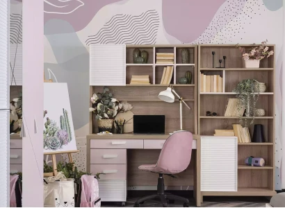 Rosa træ seng til børn, børnemøbler, 9 dele