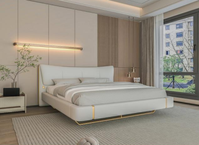 Luksuriøs grå seng med gyldne accenter, moderne design og komfortabel hovedgærde