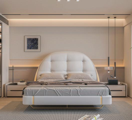 Luksuriøs grå seng med gyldne accenter moderne design rund hovedgærde