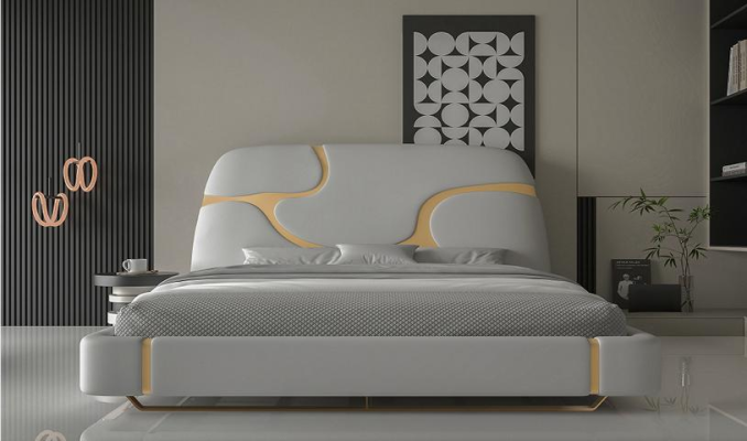 Luksus seng med gyldne accenter Moderne design Polstret hovedgærde Soveværelse