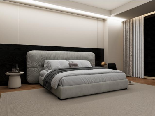 Luksuriøs grå seng med moderne polstret hovedgærde til soveværelse