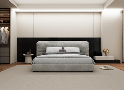 Luksuriøs grå seng med moderne polstret hovedgærde til soveværelse