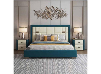 Luksuriøs blå seng med moderne polstret hovedgærde og klare farver