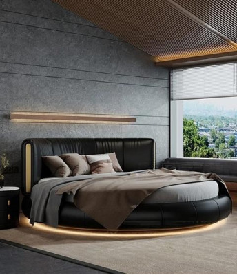 Eksklusiv grå-beige rund seng med moderne design til soveværelset