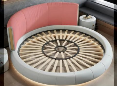 Eksklusiv grå-beige rund seng med moderne design til soveværelset
