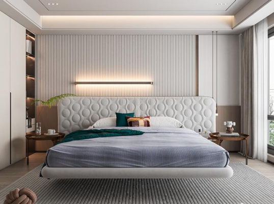 Moderne hvid polstret seng med minimalistisk rundt design