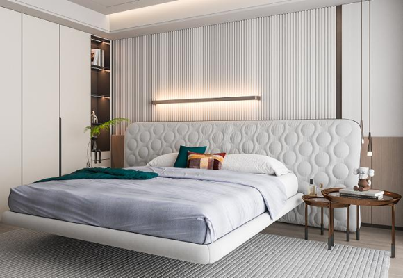 Moderne hvid polstret seng med minimalistisk rundt design