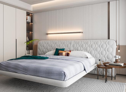 Moderne hvid polstret seng med minimalistisk rundt design