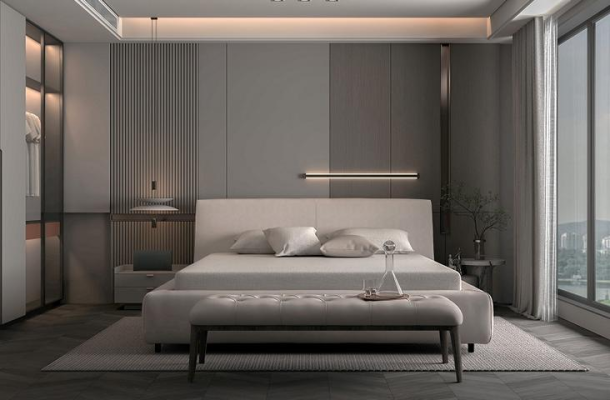 Elegant polstret seng i beige