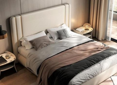 Beige polstret seng med moderne og luksuriøst design