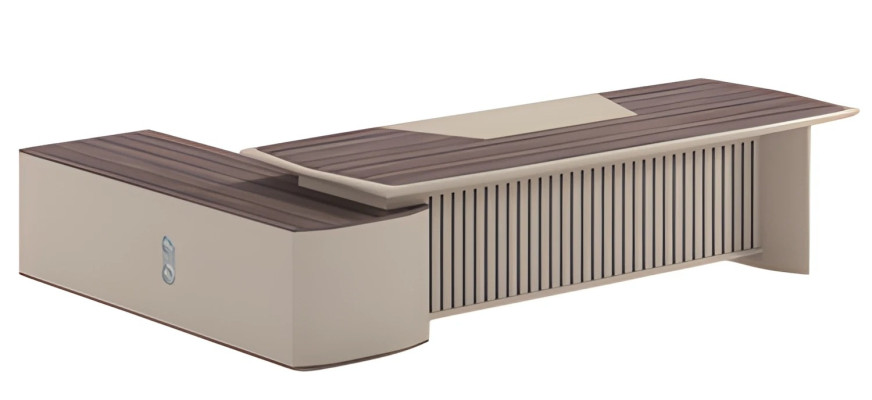 Moderne beige skrivebord med træeffekt og forlænget bordplade til kontor