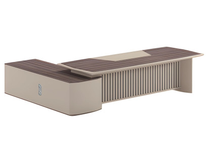 Moderne beige skrivebord med træeffekt og forlænget bordplade til kontor