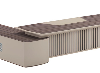 Moderne beige skrivebord med træeffekt og forlænget bordplade til kontor