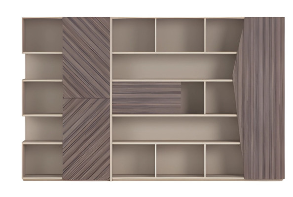 Moderne reolsystem i beige og brun med træeffekt, åben skab med skuffer
