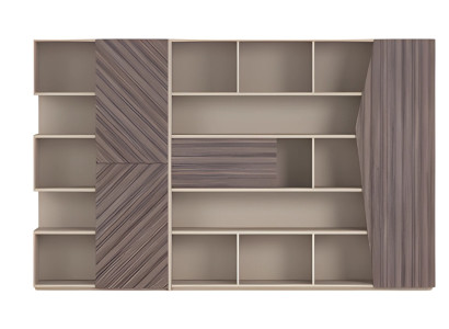 Moderne reolsystem i beige og brun med træeffekt, åben skab med skuffer