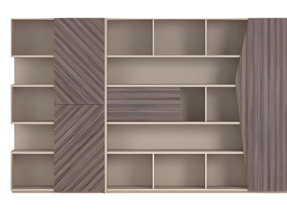 Moderne reolsystem i beige og brun med træeffekt, åben skab med skuffer