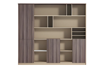 Moderne beige og brun kontorskab med træeffekt, åbent, til arbejdsplads