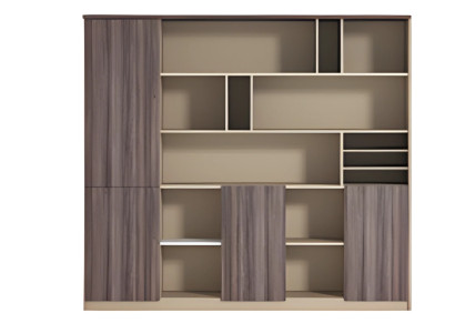 Moderne beige og brun kontorskab med træeffekt, åbent, til arbejdsplads