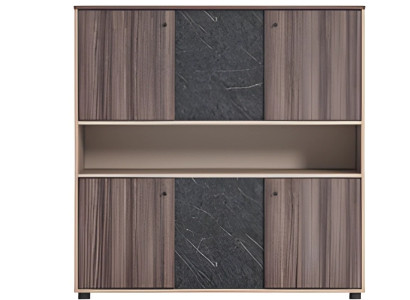 Beige-brun kontor skab med moderne træeffekt og folde døre