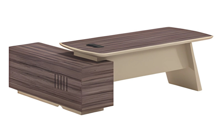 Moderne beige og brun skrivebord med træeffekt og arbejdsflade samt skuffe