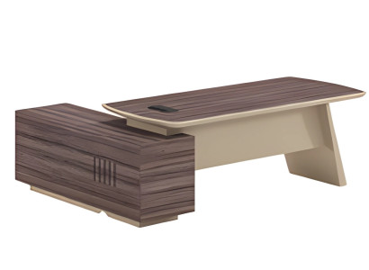 Moderne beige og brun skrivebord med træeffekt og arbejdsflade samt skuffe