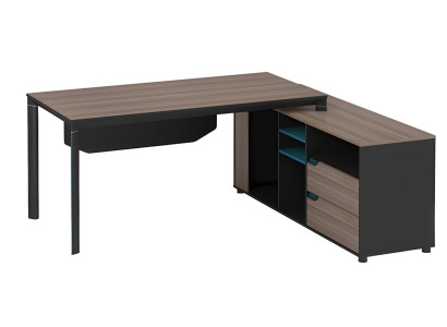 Moderne hjørnebord i sortbrun træeffekt med hylder og skuffer