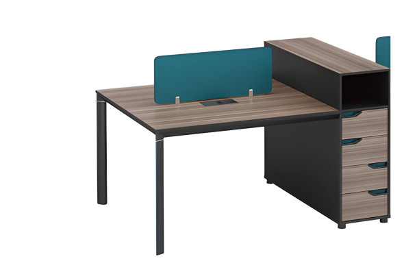 Moderne skrivebord med opbevaringsplads, skillevæg og trælook