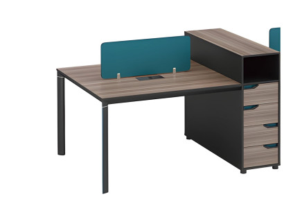 Moderne skrivebord med opbevaringsplads, skillevæg og trælook