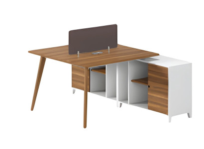 Moderne skrivebord med hylde i træ og elegant skillevæg