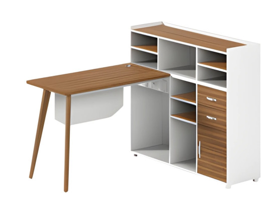 Træbord med hvid opbevaringsplads, åbne rum og elegante ben