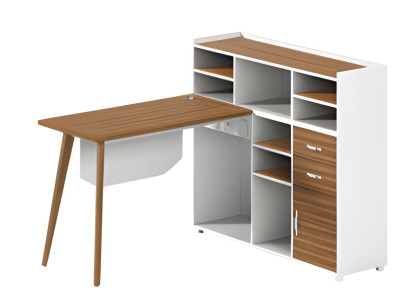 Træbord med hvid opbevaringsplads, åbne rum og elegante ben