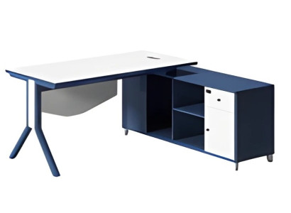 Elegant bord med hvid plade og blå opbevaringsplads