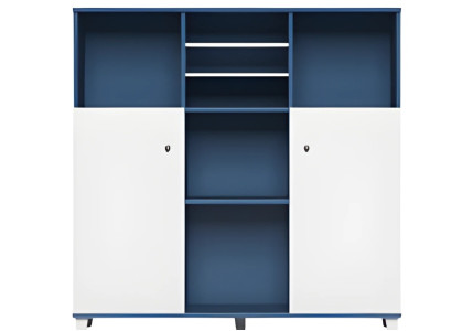 Moderne kontorarmatur i blå og hvid med åbne hylder og lukkede døre