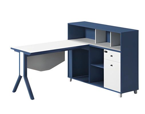 Blå og hvidt skrivebord med opbevaringsplads, åbne hylder og elegante ben