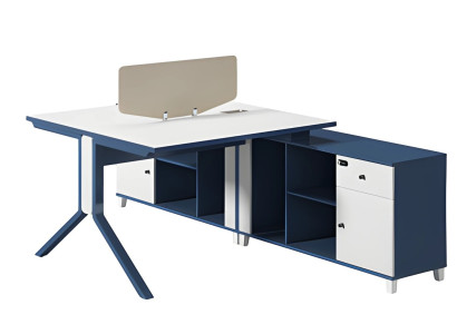 Blå og hvidt skrivebord med skuffe, opbevaringsplads og moderne metalben